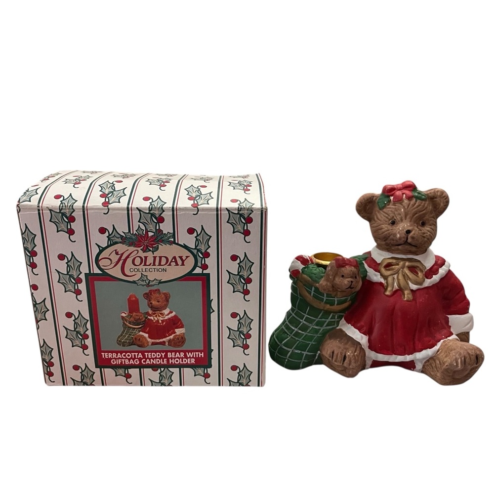 Vintage 1990s Holiday Collection Terracotta Teddy Bear Candle Holder - Picture 1 of 7